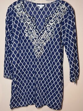 Charter Club Navy and White Embroidered V-Neck Tunic